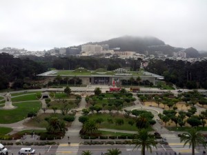 Looking at the Academy of Sciences from the top of the tower at the deYoung Museum.